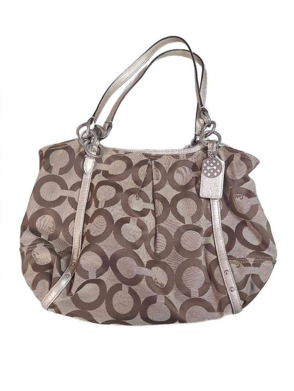 Coach Signature Jacquard Canvas Shoulder Bag Beige Brown Leather Hobo Purse